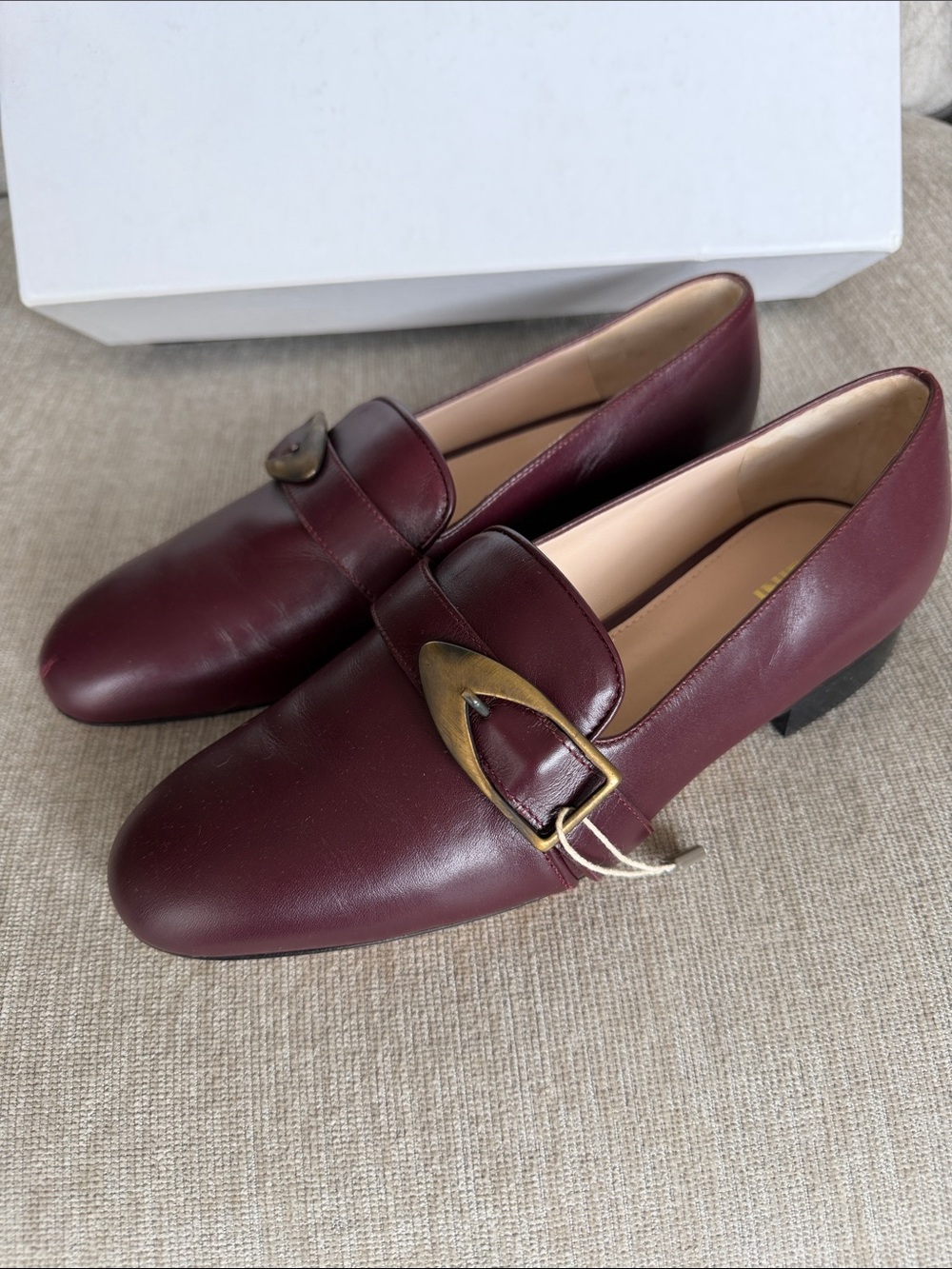 Pollini Burgundy Leather Loafers with Antique Gold Buckle